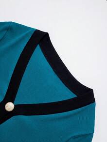 Franclia V-Neck Contrast Trim Vertical Striped Button-Up Dress, Slightly Slit Hem Flowing Style, Suitable For Commuting And Dating - Blue Power - View 3