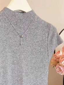 Resyla Women's Solid Color Stand Collar Short Sleeve Casual Knit Top - Light Grey - View 3