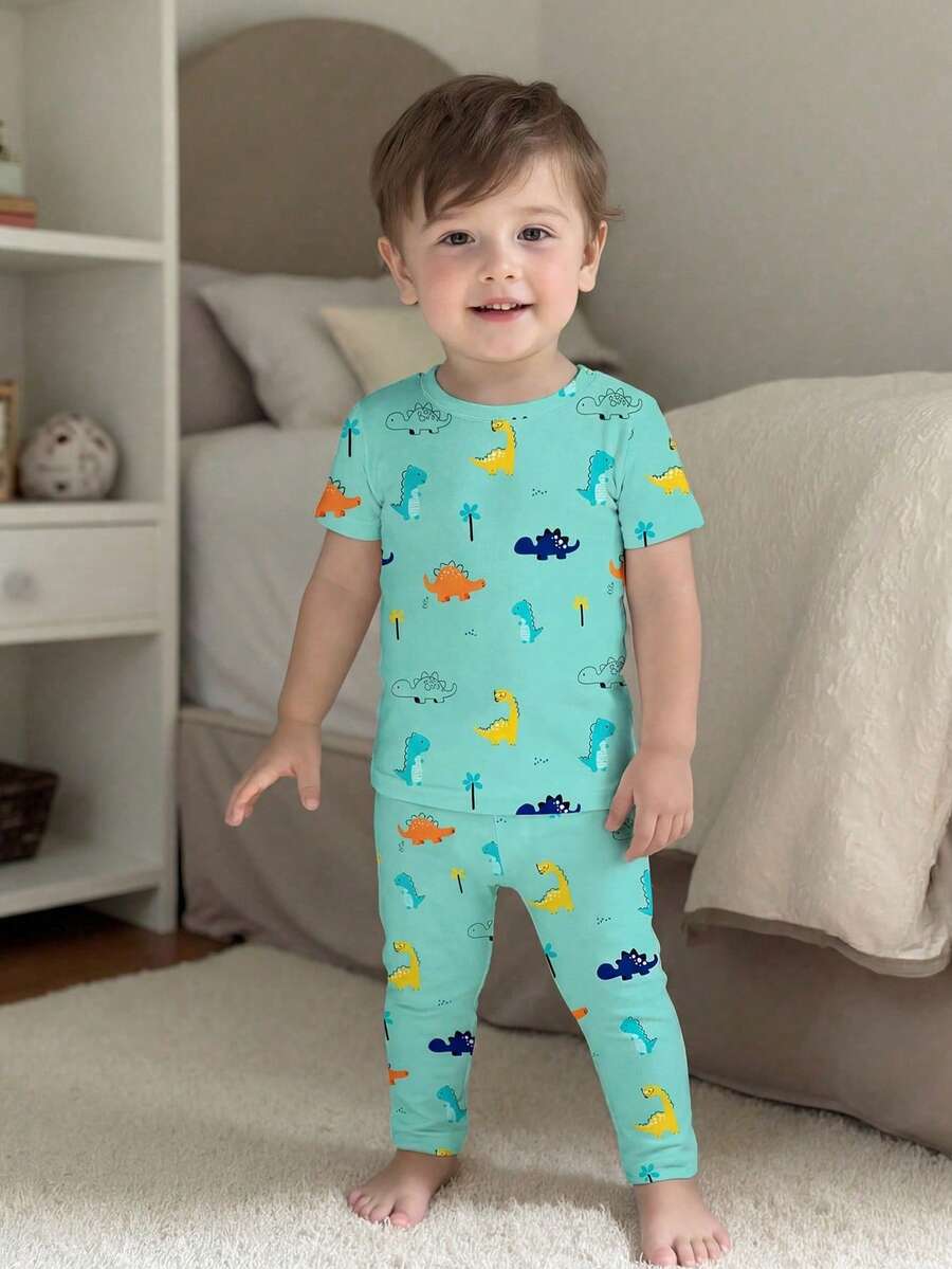 Bubblio Baby Boy Casual Dinosaur Cartoon Print Green Minimalist Snug Fit Round Neck Comfortable Short Sleeve Top And Pants Pajamas Set, Suitable For Spring/Summer - Multicolor - View 1