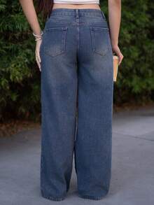 Andrea Bello 女式简约前扣口袋休闲牛仔裤 - 藍色 - 查看 2