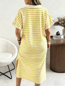 Ceyna Plus Size Spring/Summer Short Sleeve Knit Casual Vacation Yellow Dress Tea Party Vacation - Pale Yellow - View 2