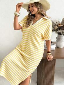Ceyna Plus Size Spring/Summer Short Sleeve Knit Casual Vacation Yellow Dress Tea Party Vacation - Pale Yellow - View 3