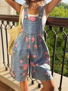 女士宽松版型全印花牛仔连体裤和背带裤 - 藍色 - 查看 4