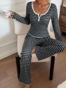 SHEIN Lace Trim Square Collar Striped Print Long Sleeve Pajama Set - Multicolor - View 3