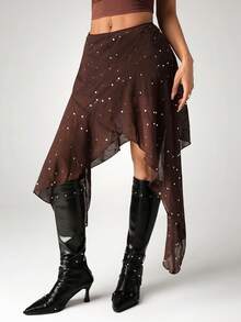 SHEIN ICON Váy nữ mùa hè phong cách Y2K, kiểu hippie miền Tây màu đỏ tía, thích hợp đi dự tiệc câu lạc bộ, Coachella, thời trang, đa năng, đính sequin, vạt váy bất đối xứng. - màu nâu - Xem 5