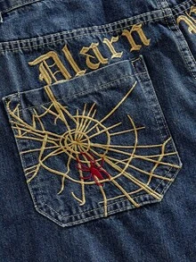 ROMWE MEN Men's Loose Fit Spider Embroidery Denim Shorts - Blue - View 4