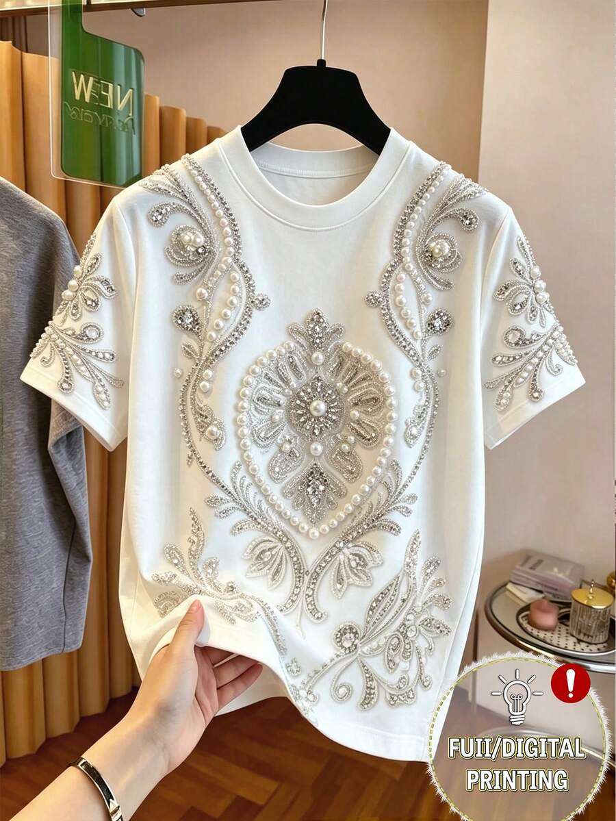 Franclia Women's Casual Comfortable Printed Diamond & Pearl Decor Short Sleeve Round Neck T-Shirt - Multicolor - View 1