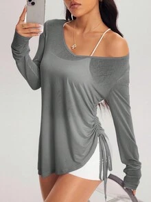 Eassivo Eassivo Women's Casual Solid Color Side Drawstring Long Sleeve Sports T-Shirt, Autumn Workout Shirts For Women Work Out Cover Up Top Loose Tops Blouse Gym - Grey - View 5