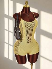 Amplova Women's Spaghetti Strap Backless Jumpsuit With Deep V Neck, Suitable For Vacation Outfit, Cute & Mini - Yellow - View 1