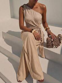 Zivah Women's Sleeveless Loose Jumpsuit With Asymmetric Shoulder Design - Khaki - View 3