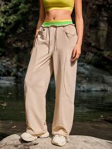 WanderVale Pantalones casuales versátiles de uso diario con cintura con cordón y bolsillos para mujer - Amarillo - Ver 3