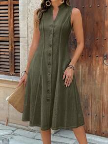 Faunlyn Women's Summer Geometric Pattern Print Round Neck Short-Sleeve Dress - Army Green - View 6