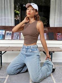 SHEIN EZwear 女士复古纯色弧形下摆褶皱背心，驼色 - 駝色 - 查看 5