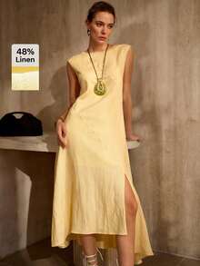 MOTF PREMIUM ASYMMETRIC HEM SLEEVELESS LINEN SHIFT DRESS, MINIMALIST URBAN STYLE, SPRING/SUMMER - Yellow - View 2