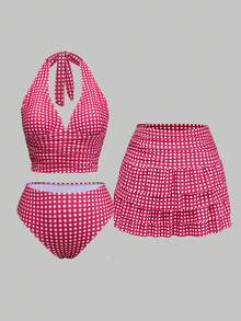 Sweetra 大码女式三件套：格子褶皱系带吊带背心、三角裤和纱笼裙式背心泳衣 - 紅色 - 查看 1