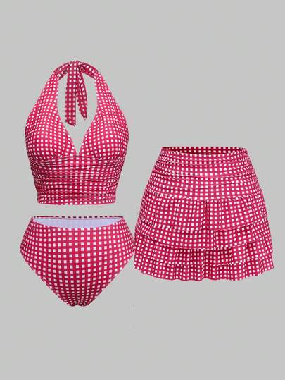 Sweetra Bộ đồ bơi 3 món cỡ lớn dành cho nữ: Áo hai dây thắt nơ kẻ caro, quần lót tam giác và váy sarong kiểu tankini.