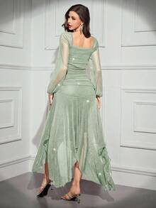 Modelyn Women's Solid Color Shiny Square Neck Lantern Sleeve Asymmetric Hem Elegant Dress,Wedding Guest Dress Women - Mint Green - View 2
