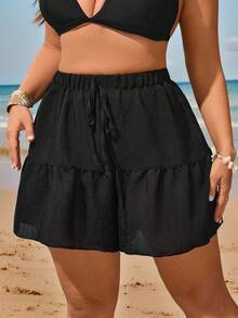 Swim Vcay Plus Size Cover-Up Tunic & Shorts Set With Tie, Loose Beach Dress For Coverage, Resort Vibe For Summer Beach Vacation - Black - View 1