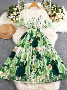 EMERY ROSE 大码女式绿色浪漫度假X型V领短袖印花弹力腰连衣裙 - 綠色 - 查看 2