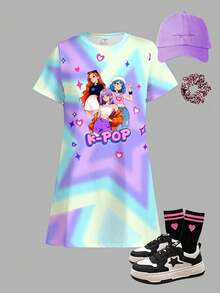 SHEIN 女童圆领卡通字母印花休闲简约连衣裙，适合春夏日常穿着、外出和度假。 - 彩色 - 查看 3