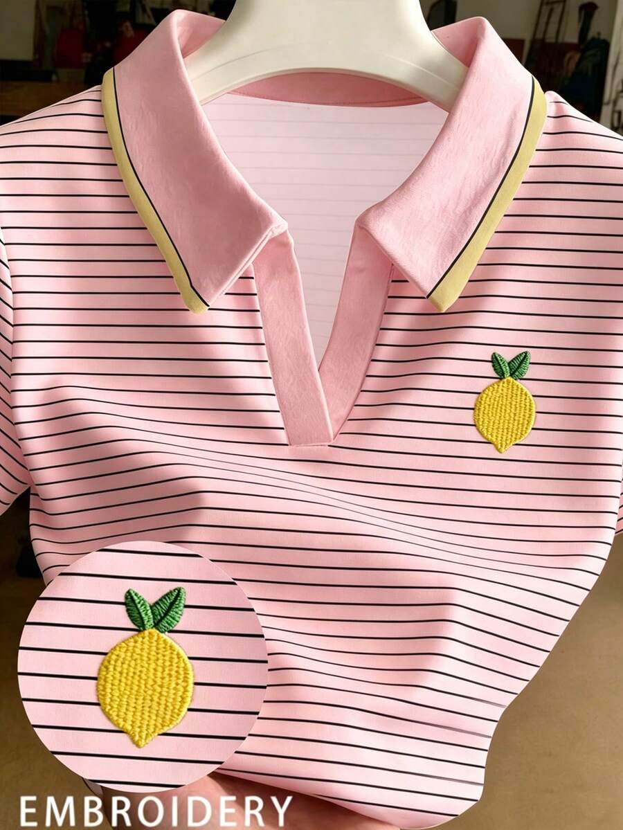 Resyla Women's Striped Lemon Embroidery Casual Versatile Daily Wear Top - Multicolor - View 1