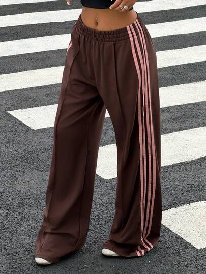 Muchica 女士休闲撞色条纹阔腿运动裤