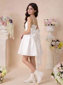 Pitira Đầm hai dây màu trắng trơn thanh lịch dành cho thiếu nữ, chất liệu dệt kim, xếp ly phía trước, thắt eo bằng nơ phía sau, thích hợp cho tiệc Valentine, đi chơi, các dịp trang trọng, tiệc tùng, sinh nhật, mặc hàng ngày, lễ hội, họp mặt gia đình và các sự kiện đặc biệt. - trắng - Xem 4