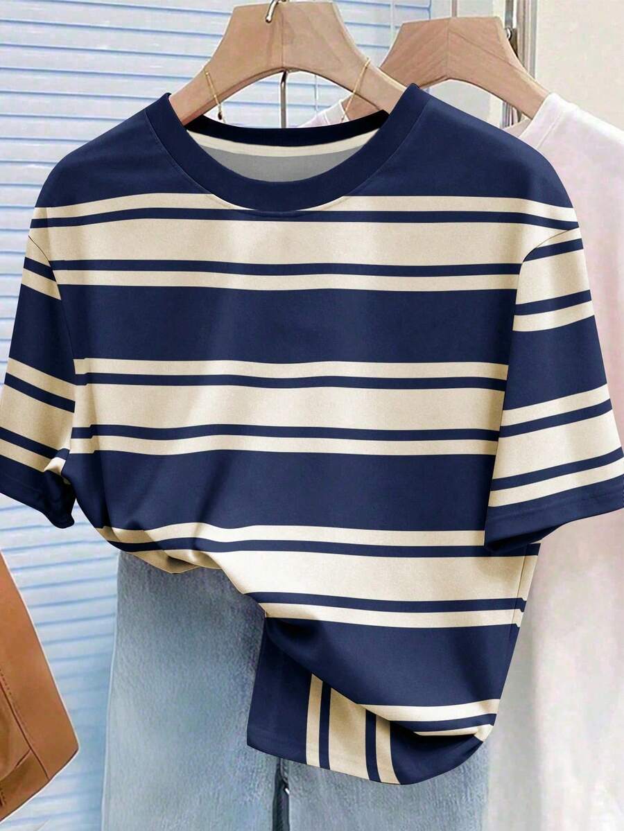 Manfinity 男士时尚百搭条纹圆领短袖T恤，休闲服饰 - 彩色 - 查看 1