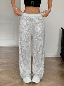 SHEIN Teen Girl Silver Sequin Loose Pants, Shiny Design, Casual For Any Occasion - Silver - View 1