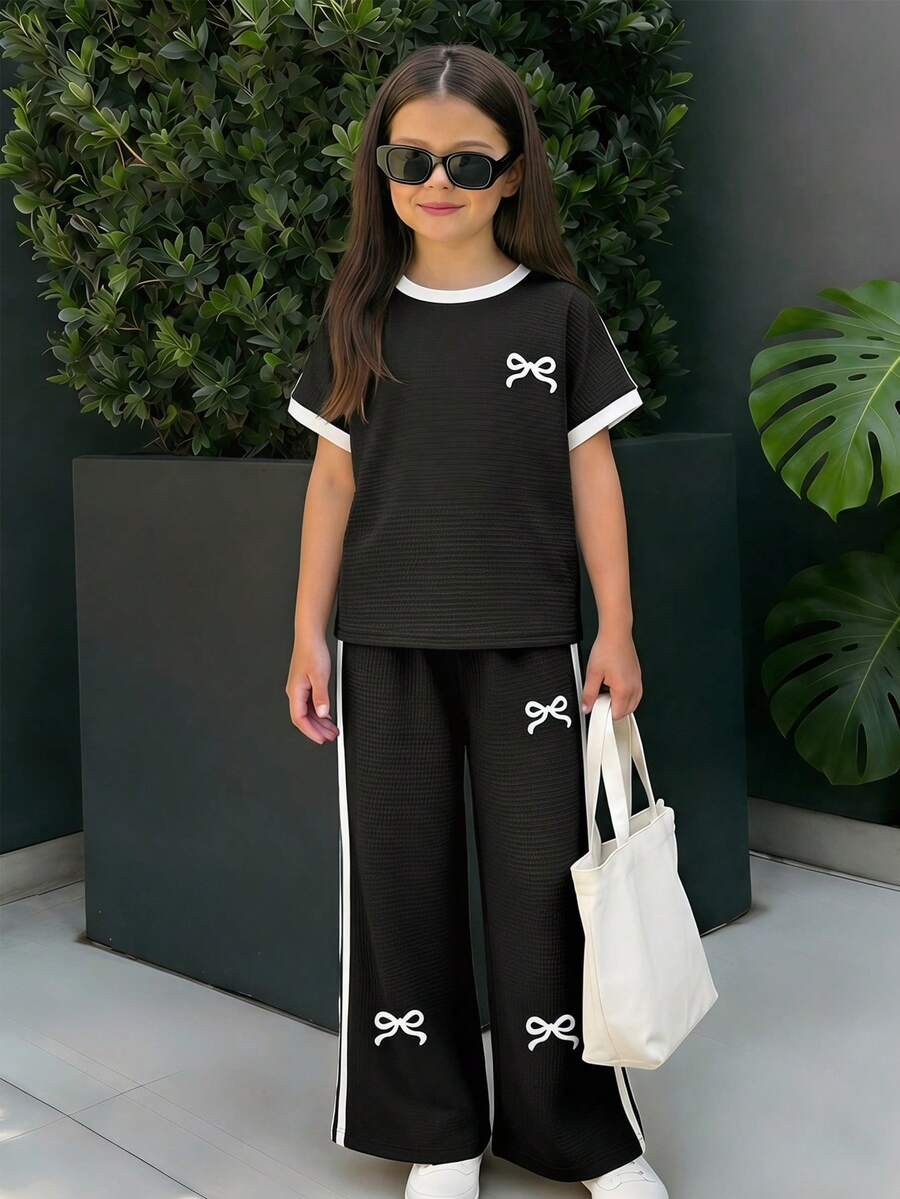 Tween Girls Casual All-Match Versatile Daily Wear Black & White Contrast Trim Round Neck Raglan Sleeve T-Shirt + Straight Leg Knit Pants Set - Black - View 1
