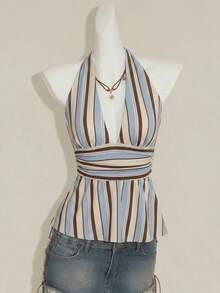 SHEIN ICON 女士休闲深V领露背吊带背心，女士休闲背心，美式复古条纹，女士夏季服装 - 彩色 - 查看 7