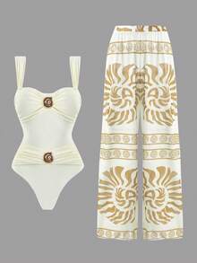 Swim Oasis Women's 2-Piece Swimsuit Set With Ruched Front And Random Shell Decor Printed Pants, Beach Vacation - Multicolor - View 3
