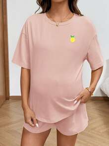 Lyckli Maternity Lemon Embroidery Short Sleeve T-Shirt And Shorts Casual 2 Pieces Set - Pink - View 8