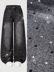 Girls' Loose Fit Washed Denim Jeans, Soft Cotton, Casual, Fashionable, Versatile, Daily Wear, Relaxed Waist With Elastic, Star Embellishments, Suitable For Casual, Vacation, Daily - Black - View 5