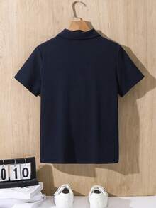 SHEIN 男童海军蓝简约廓形 Polo 衫，休闲学院风，舒适时尚，百搭柔软面料，适合日常穿着、上学、旅行、返校季、假日派对、夏季海滩度假、春夏穿着。 - 寶藍色 - 查看 3