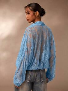 SHEIN Glamour Áo kiểu ren xuyên thấu, áo sơ mi ren màu nâu dành cho nữ - Màu xanh lam - Xem 2