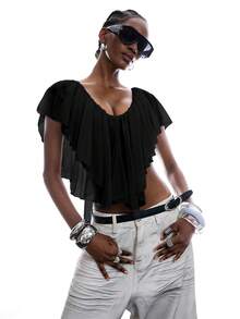 LYSMO 2026 New Minimalist Spring/Summer Women's Solid Color Ruffle Asymmetric Hem Blouse, Summer Top, Black - Black - View 3