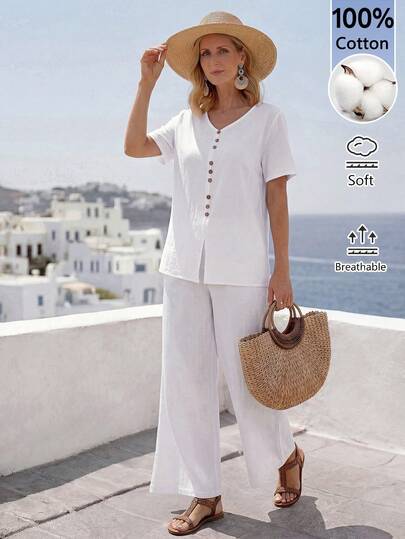 Faunlyn Women's Minimalist Button-Down Short Sleeve Shirt And Casual Loose Fit Pants 2 Pieces Set Summer Outfits For Women Casual Sets For Women Vacation Outfits Women Holiday Outfits For Women Summer Holiday Outfits Work Outfits For Women Office Outfits For Women Two Piece Set Women Summer Two Piece Set 2 Piece Vacation Outfit Two Piece Vacation Set 2-Piece Going Out Sets For Women White Two-Piece Outfit For Women Matching Sets For Women Women's Blouse Set Cotton Women's Clothing
