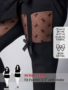 SHEIN PETITE CURVE CURVE Plus Size Women's Petite Black Sheer Mesh Contrast Bow Decor Leggings,High-Waisted Summer Goth Rave Pants For Holiday Vacation - Black - View 1