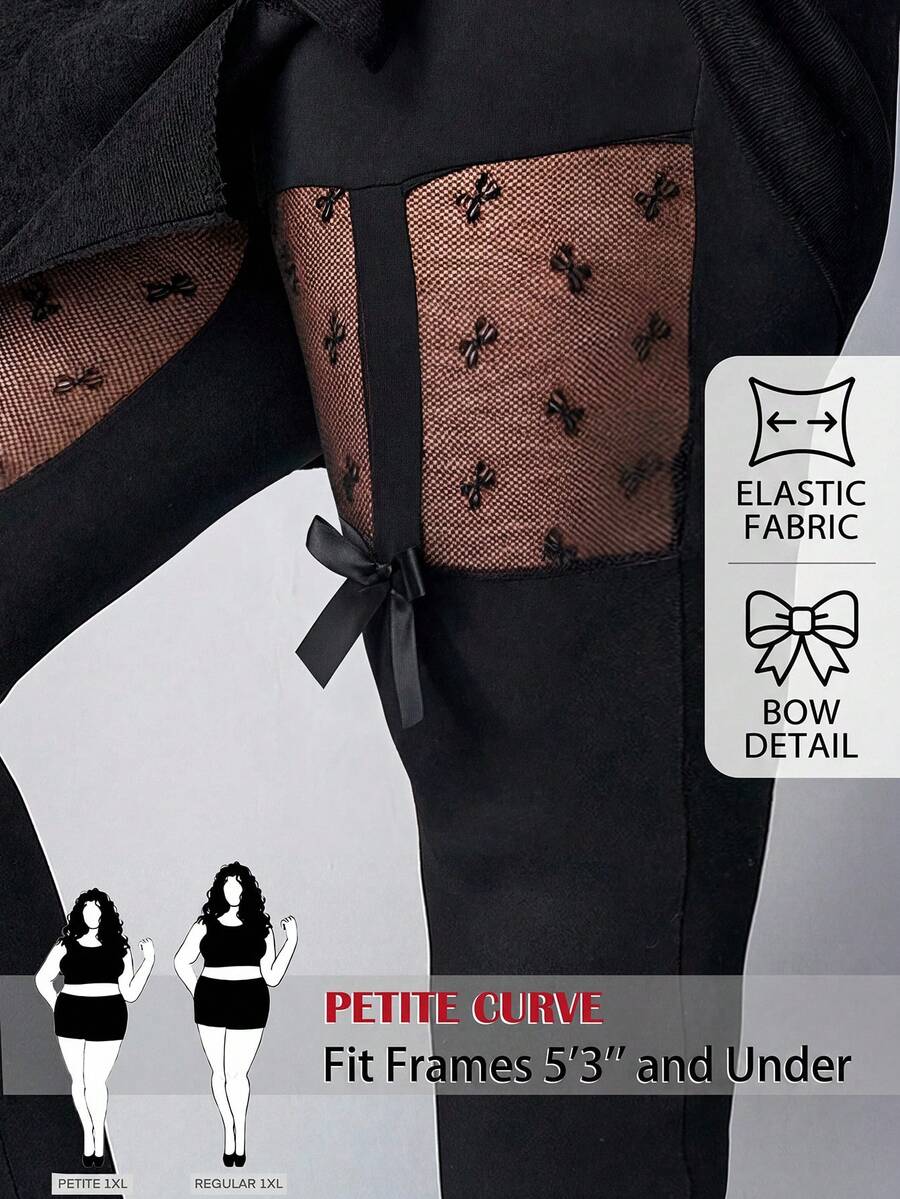 SHEIN PETITE CURVE CURVE Plus Size Women's Petite Black Sheer Mesh Contrast Bow Decor Leggings,High-Waisted Summer Goth Rave Pants For Holiday Vacation - Black - View 1