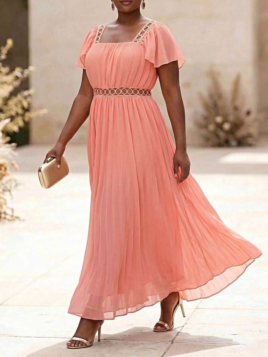 Velvienne Plus Size Women Solid Color Pleated Casual Party Dress - Orange - View 1