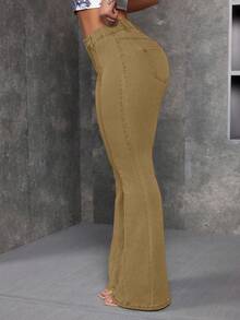 SHEIN EZwear 大尺碼女款時尚休閒水洗喇叭褲 卡其色 夏季約會之夜 - 卡其色 - 查看 4