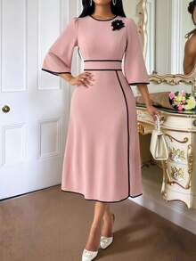 SHEIN Lady Women's Contrast Trim Round Neck Short Sleeve Mid-Length Dress Dress For Church For Women Modest Dress French Style Dress Elegant Dress - Baby Pink - View 9