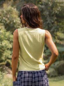 WanderVale 女士夏季休闲撞色拼接无袖上衣 - 黃色 - 查看 2