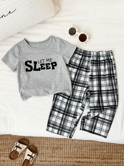 SHEIN 2pcs Unisex Baby/Toddler Boy/Girl Casual Cute Short Sleeve T-Shirt And Long Pants Homewear Set, Baby Pajamas, Suitable For Daily Wear And Outings, Slim Fit