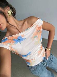 女士不对称肩部扎染印花褶皱不对称领口T恤上衣，印花上衣，不对称肩部上衣，春夏服装，沙滩装，通勤装，优雅，性感，度假装，海滩装，波西米亚风，夏威夷风情，音乐节装，浪漫装，约会装 - 杏色 - 查看 1