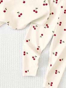Cream White, Cute Mini Cherry Minimalist Sweet Letter Graphic, Young Girl Casual Loose Round Neck Short Sleeve T-Shirt And Leggings Set, Suitable For Spring & Summer Daily Wear, Farm, Picnic, Outing, Vacation, Homecoming, Back To School - Multicolor - View 6