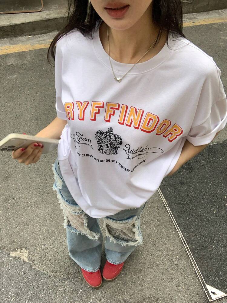 Women's Letter Print Round Neck Drop Shoulder Casual Loose T-Shirt