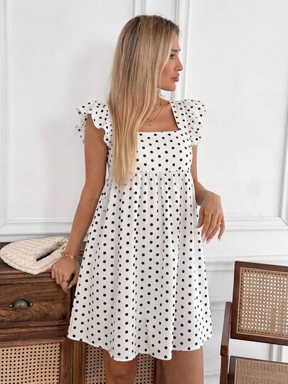 Easowa Women's Polka Dot Print Square Neck Cap Sleeve Dress