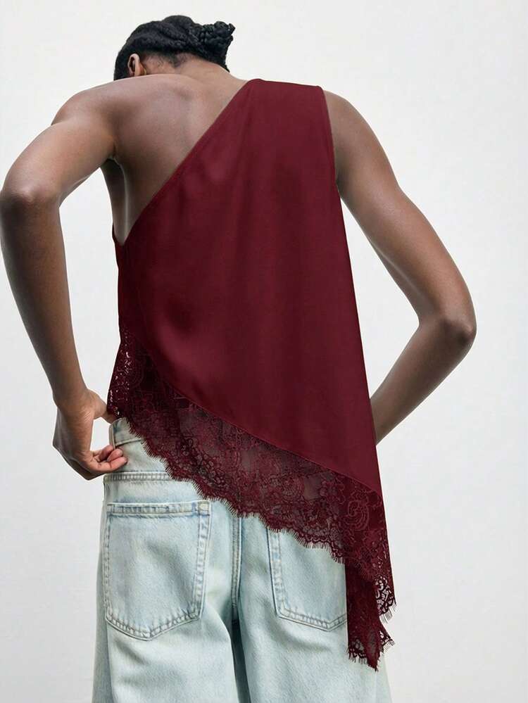 SHEIN Maija 2026 Spring/Summer Early Autumn Independence Day July Outfit Women's Off-Shoulder Design Modern Urban Ladies Summer Oblique Shoulder Solid Color Pleated Sleeveless Casual Top